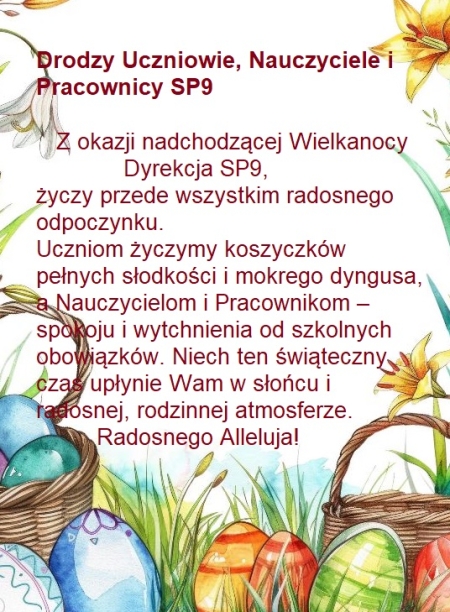 Drodzy Uczniowie, Nauczyciele i Pracownicy SP9 